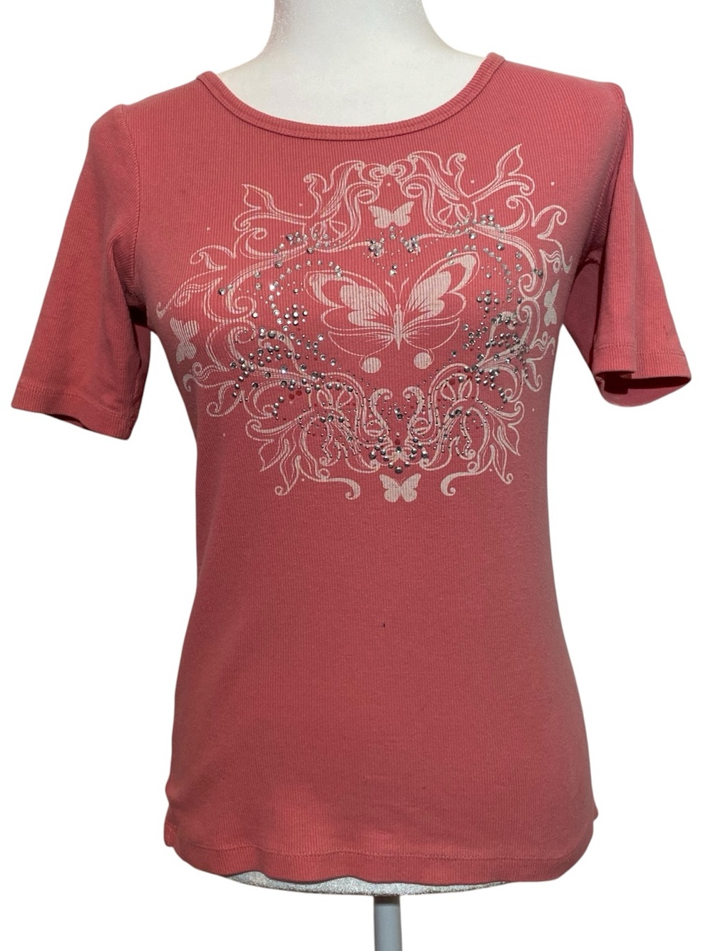 Prairie Rose Peach Coral Rhinestone Butterfly T-Shirt